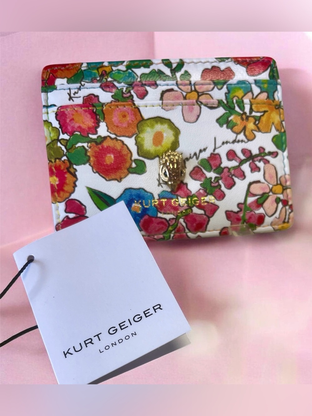Kurt Geiger NWT Leather Card Holder Floral Double Sided Crystal Eagle Head